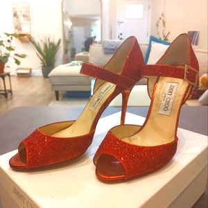 Jimmy Choo Red Glitter Peep-Toe Stiletto Heels
